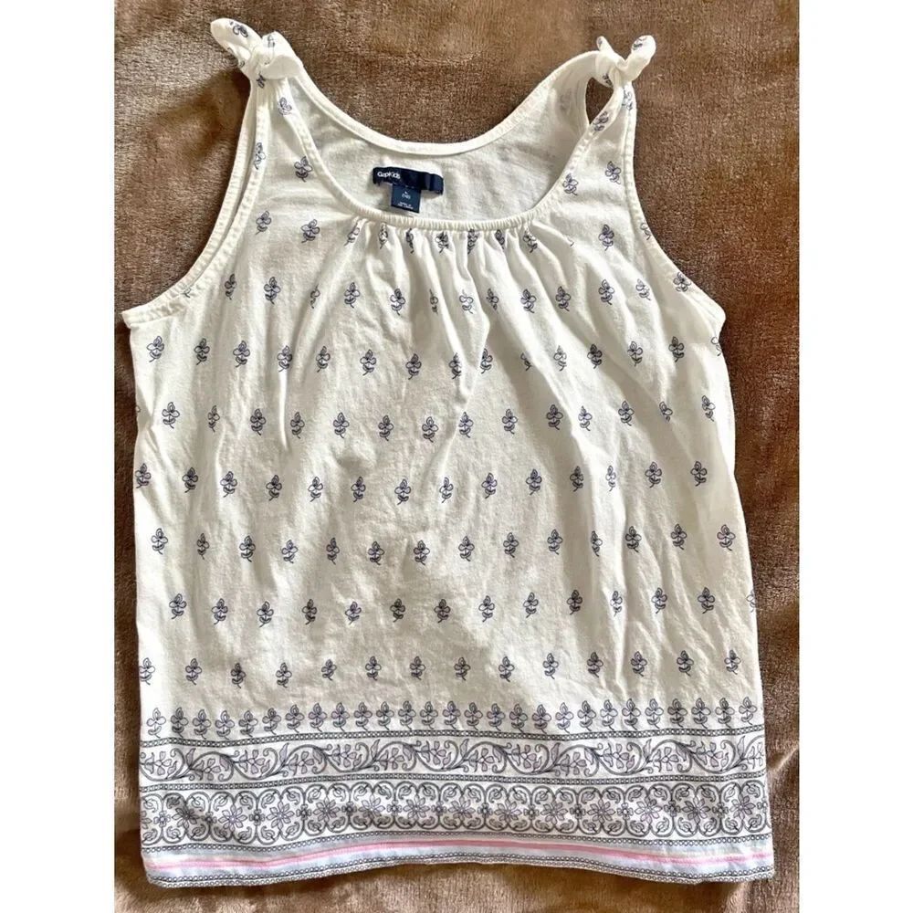 GAP Kids Girls Cream Tank Top with Blue Floral Print and Faux Tie Straps Size L